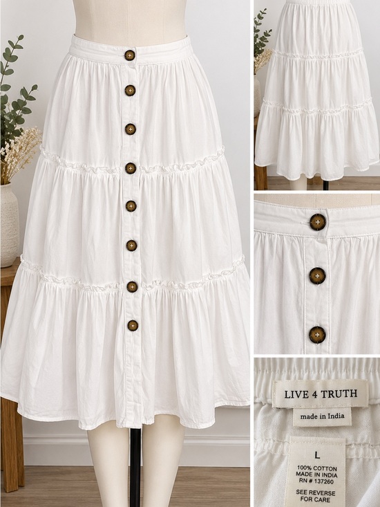 Live 4 Truth Dresses & Skirts - Live 4 Truth White Tiered Midi Skirt Large 100% Cotton Button Front Boho Cottage